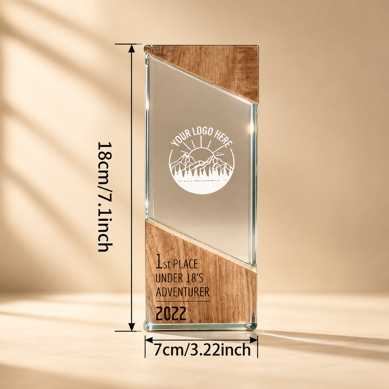 Personalised Glass & Wood Award Trophy with Custom Logo & Text
