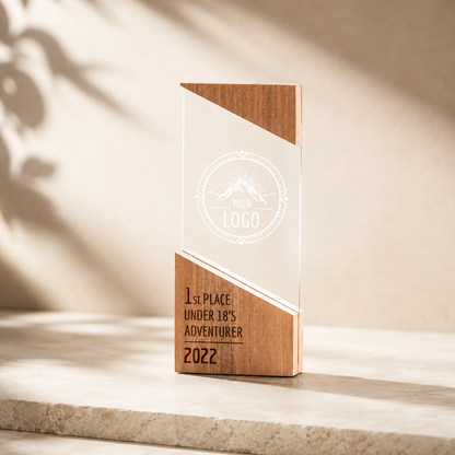 Personalised Glass & Wood Award Trophy with Custom Logo & Text